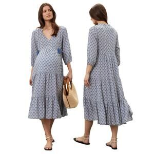 RIPE Mila Longline Tiered Maternity Dress Size Small Blue Geometric Print‎ Boho